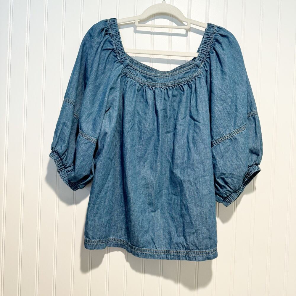 Women’s Chambray Peasant Top - Blue - Picture 2 of 6